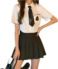 SCGEHA 女子高生 制服 大きいサイズ コスプレ 無地 黒 JK制服 半袖 プリーツスカート ネクタイ 3点セット 風船２個セット (L)