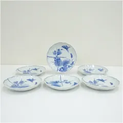 明治期　伊万里焼　染付花鳥図　輪花　七寸皿6客  和食器 おしゃれ 和食 洋食 料理 プレート ディナー 飲食店 料亭 旅館 カフェ 居酒屋 来客