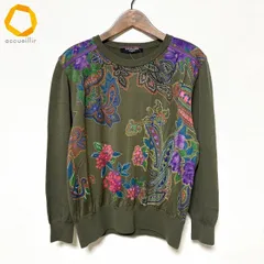 #wnc レオナール LEONARD ニット セーター L カーキ ペイズリー柄 シルク混 薄手 美品 レディース [729965]