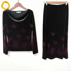 #wnc ローラアシュレイ LAURAASHLEY セットアップ ツーピース S 7 黒 えんじ 花柄 ベロア調 美品 レディース [985438]