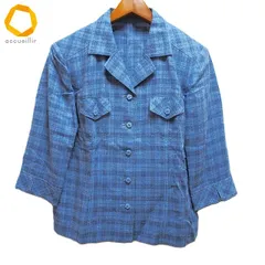 #s レリアン Leilian シャツ ブラウス 11 青系 ウール混 麻混 シルク混 七分袖 チェック イタリア製生地 タグ付き レディース [957491] k01