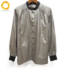 #a レリアン Leilian シャツ・ブラウス 9 オフホワイト 黒 スタンドカラー ラメ シルク混 ギンガムチェック レディース [958221] k01