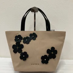 Y9394　TOCCA　トッカ　ハンドバッグ　 キャンバス　フラワーモチーフ　レザー　 ブラック×ベージュ系　レディース