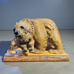 木彫り 熊親子 置物 クマ 縁起物 彫刻 北海道 民芸 工芸品 木工芸 インテリア 骨董品 アンティーク