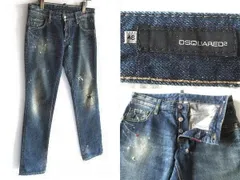 コレクション着 DSQUARED2 ディースクエアード ペンキ/リペアステッチ/ハードクラッシュ加工 ロゴ デニムパンツ 46 インディゴ イタリア製