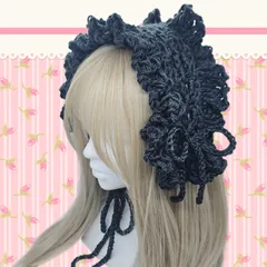 ハンドメイド　ヘッドドレス　イヤーマフ　ブラック　リボン　黒　フリル　手編み　編み物　ロリ－タ　姫系　ゴスロリ