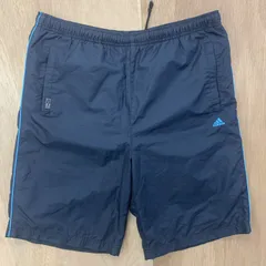 【adidas】ナイロンショートパンツ／ メンズ Lサイズ 黒×青 ライン入り ウエストゴム スポーツ ランニング 古着