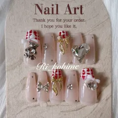 ネイルチップ　現品　フレンチガーリー　ちゅるん　ニュアンス　バレエコア　ワンホン　韓国　メンカラ　推しネイル　y2k  夢かわ　ツイード　バレエコア　赤　ピンク　くま