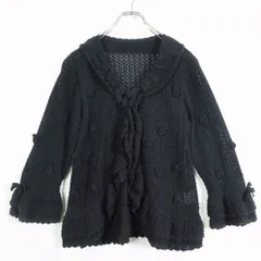 【美品】ピンクハウス★モチーフ&フリルいっぱい♪ニットカーディガン 黒系 裾かぶせ段々フリル♪リボン♪z17772