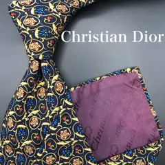 【美品】Christian Dior ネクタイ 総柄 ネイビー 紺 イエロー 黄