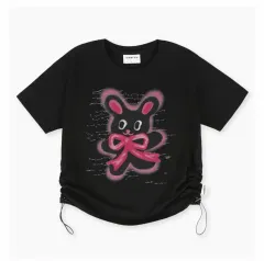 エンブラー うさぎ プリンティング リボン シャーリング クロップド 半袖 Tシャツ コットン16番手 ブラック