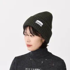 GANNI ガニー ニット帽 帽子 ロゴ リブ ビーニー A4429 レディース カーキ ニット キャップ リブ編み ワンポイント カジュアル ウールのサムネイル