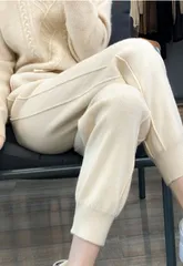 ウール混 ジョガーパンツ レディース ニットパンツ ニット 未使用 パンツ ウエストゴム 暖かい 防寒 保温 ゆったり 体型カバー ハイウエスト 着痩せ 無地 サイドライン ボトムス カジュアル おしゃれ 可愛い シンプル