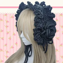 ハンドメイド　ヘッドドレス　イヤーマフ　リボン　バラ　ブラック　黒　フリル　手編み　編み物　ロリ－タ　姫系　ゴスロリ