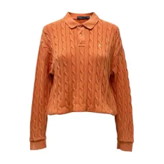 60b10 【美品】Polo by Ralph Lauren ラルフローレン コットンケーブルポロニット ニットセーター ヴィンテージ加工 トップス Mサイズ オレンジ コットン100％ レディースu02t