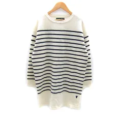 コーエン coen ニットワンピース ミニ丈 長袖 ラウンドネック ボーダー柄 L オフホワイト 紺 ネイビー /SY2