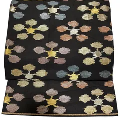 R-1589　帯　袋帯　六通　絹　黒　レディース　箔織帯　古典柄