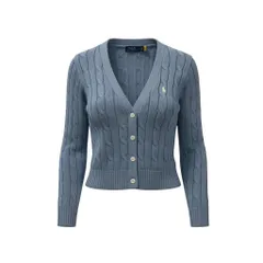 60b10 POLO RALPH LAUREN ポロラルフローレン ケーブルカーディガン ニットセーター トップス 胸元ロゴ刺繍 Sサイズ ブルー コットン100％ レディース 女性用u02t