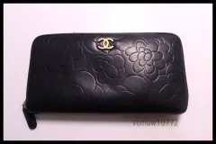 ■CHANEL 17番台 カメリア GD金具 レザー ラウンドファスナー 長財布 シャネル■0129fh84-1