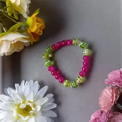 ハンドメイドビーズブレスレット／ピンク×グリーン／16cm／レディース