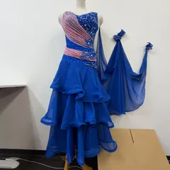 社交ダンス衣装 ワンピース ドレス レース  ラインストーン フリル 青 ブルー