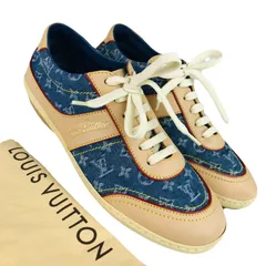 LOUIS VUITTON★ルイヴィトン・レディース レザー切替し デニム地モノグラム柄 右足サイドブランドロゴ スニーカー (38.5/約25㎝相当) LV ブランド イタリア製 レディーススニーカー カジュアル 春靴