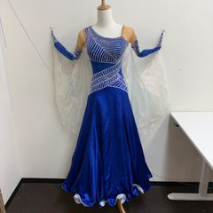 社交ダンスドレス 競技用 ブルー ストーン装飾Mサイズ、130センチ着丈 