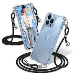 用の iPhone 13 Pro Max ケース クリア ショルダー アイフォン13 Pro Max カバー 耐衝撃 スマホケース 透明 織りストラップ付き 肩がけ 首掛け 紐付き 縄掛け 斜めがけ クロスボディ 多目的キャリー ファッションデザイン TPUス