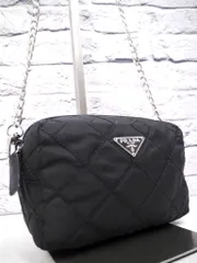 美品◆PRADA プラダ ナイロン キルティングステッチ クロスボディ チェーンストラップ ショルダー ミニ バッグ ポーチ ポシェット 黒x銀 ◆