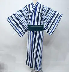 浴衣 男性用 単品 仕立て上がり 柄物 Lサイズ 綿100％ 白地×黒×青 ゆかた 夏祭り 花火大会 NO43082