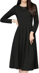 Gorcre ワンピース 長袖 フォーマル セレモニー クルーネック ストレッチ 素材 レディース 冠婚葬祭 演奏会 学校 行事 (ブラック,  2XL)