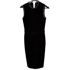 C428 RALPH LAUREN（ラルフローレン） 「レザーパイピング ウール ノースリーブ ワンピース ウール シルク シック フォーマル レザー ブラック