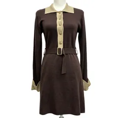 【St.Elmo COLLECTION by IMAGE セントエルモ / イマージュ】ベルト付き ポロニットワンピース 長袖 L ブラウン/ベージュ レディース