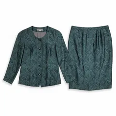 レマロン remalon スーツ セットアップ ジャケット スカート ペイズリー柄 裏地付き スリット 深緑 989932