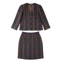 レマロン remalon セットアップ スカートスーツ ツイード ゴールドボタン チェック 裏地付き ブラウン系 990889