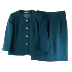 レマロン remalon セットアップ スカートスーツ ノーカラー ゴールドボタン 毛100％ 裏地付き グリーン系  990890