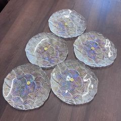 極美品】作家物 色ガラス華文皿 5客セット 裏面手彫りサイン有 銘々皿