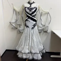 社交ダンス衣装 ワンピース ドレス 白 ホワイト 花柄刺繍 レース ラインストーン フリル