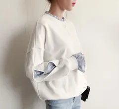 ＜在庫処分＞レディース スウェット トレーナー 春 韓国風 フェイクレイヤード 重ね着風 丸首 ゆったり 薄手 BF風  bu1