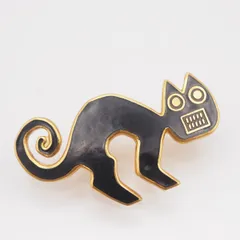 Q436メトロポリタン美術館 MMA 1985刻印 ブローチ 猫 キャット ブラック ゴールド デザイン ヴィンテージ ミュージアムジュエリー