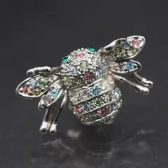 Q781 ピンブローチ 蜂 ハチ ビー 昆虫 カラーストーン風 マルチカラー シルバー デザイン コスチュームジュエリー