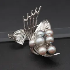 Q461 本真珠 7.2mm7珠 パール SILVER刻印 ブローチ グレー系カラー デザイン シルバー コサージュ 6月誕生石