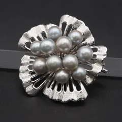 Q446 本真珠 7mm11珠 パール SILVER刻印 ブローチ グレー系カラー デザイン シルバー コサージュ 6月誕生石