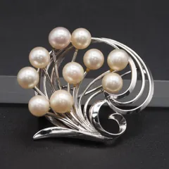 Q431 本真珠 6.8mm10珠 パール SILVER刻印 ブローチ デザイン シルバー コサージュ 6月誕生石