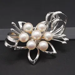 Q416 本真珠 7.3mm7珠 パール SILVER刻印 ブローチ フラワー デザイン シルバー コサージュ 6月誕生石