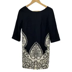 ダイアグラム ワンピース サイズ38 M レディース - 黒×ベージュ×マルチ クルーネック/七分袖/ひざ丈/刺繍/ビーズ