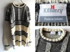 希少 ビンテージ アイルランド製 Kilkenny キルケニー カラー切替 ダイヤ柄/ケーブルニット ウール ローゲージ セーター S エクリュ