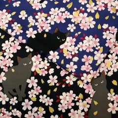 黒猫×桜吹雪 百華繚蘭 シーチング生地  モダン 和柄 ネコ柄 花柄 ハンドメイド 裁縫 服地 50cm単位