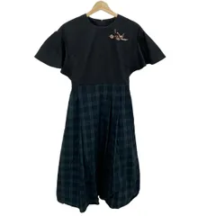 ロイスクレヨン ワンピース サイズM レディース美品  - ネイビー×グリーン×マルチ クルーネック/半袖/ひざ丈/チェック柄/刺繍/鳥