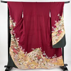 振袖 身丈161.5cm 裄丈66.5cm M 袷 御所車 牡丹 金彩 えんじ色 正絹 秀品 【中古】